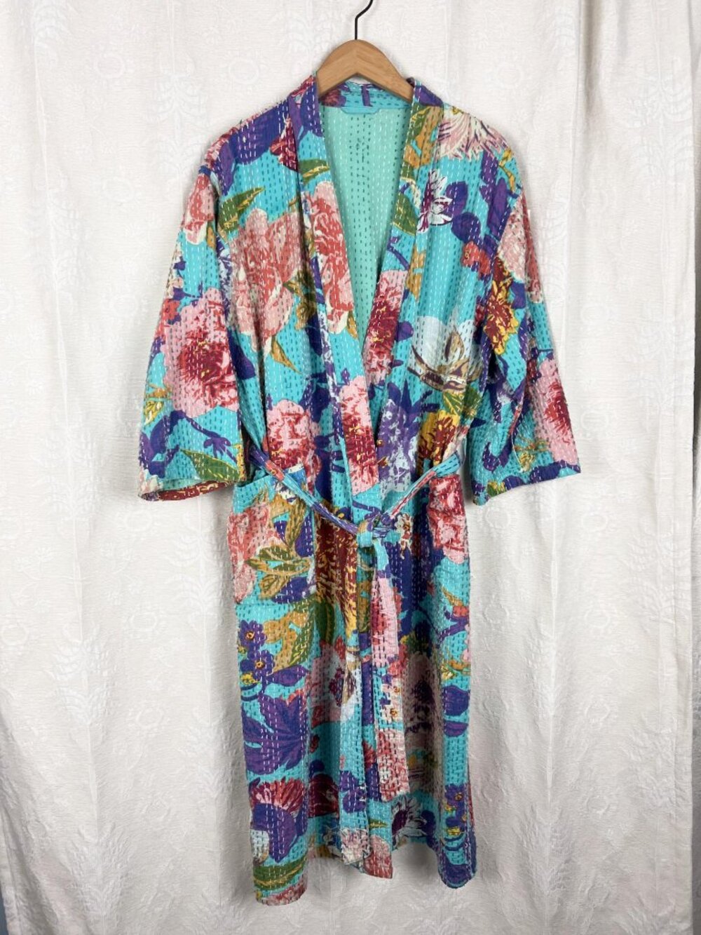 Kantha reversible robe aqua blue large flower print cotton women's XL/XXL boho